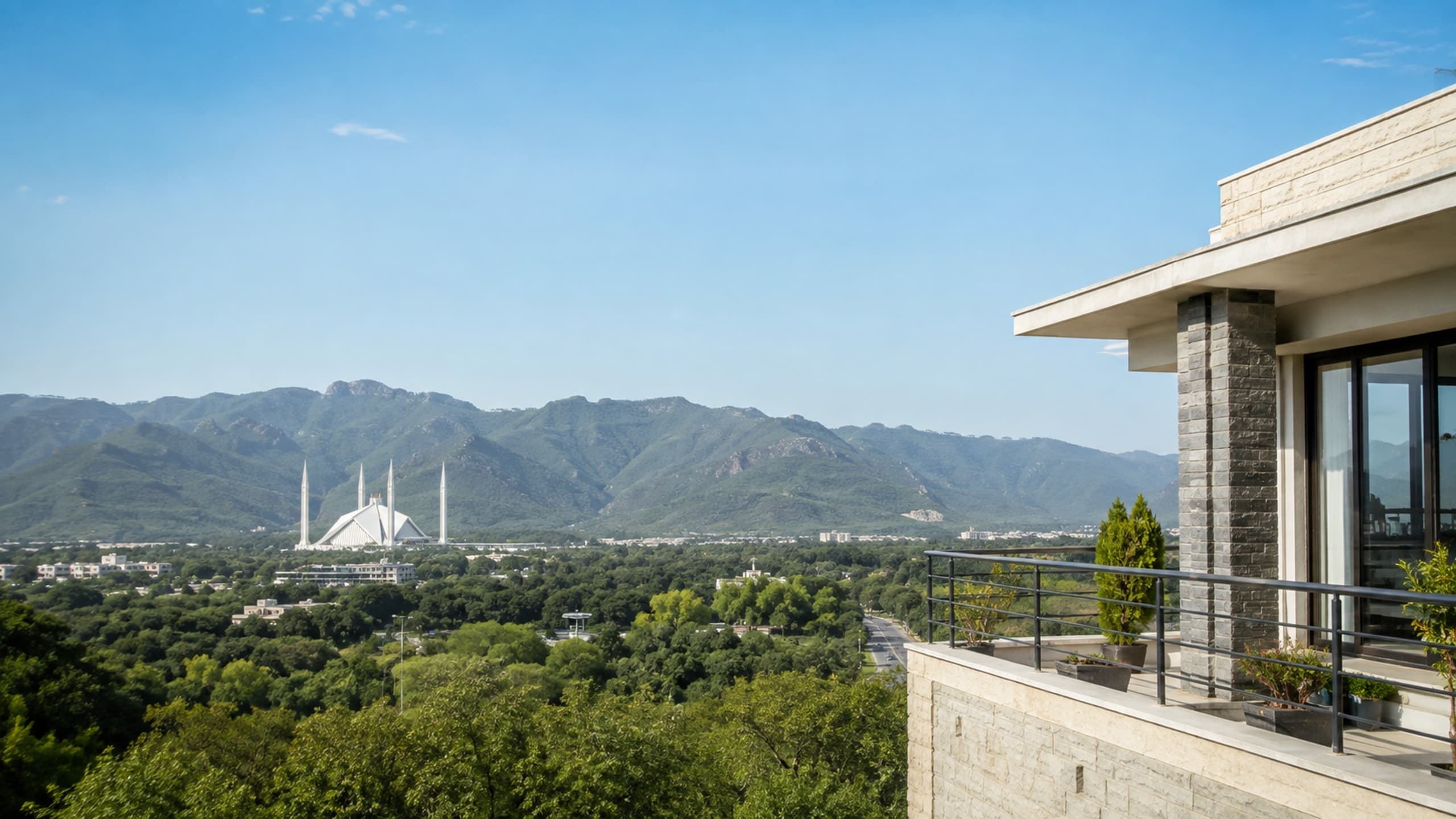 Islamabad and Faisal Mosque beneath the Margalla Hills; sample photograph